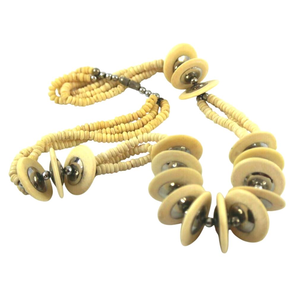Chunky Beige Small and Disc Shaped Bone Bead Necklace Silvertone Metal